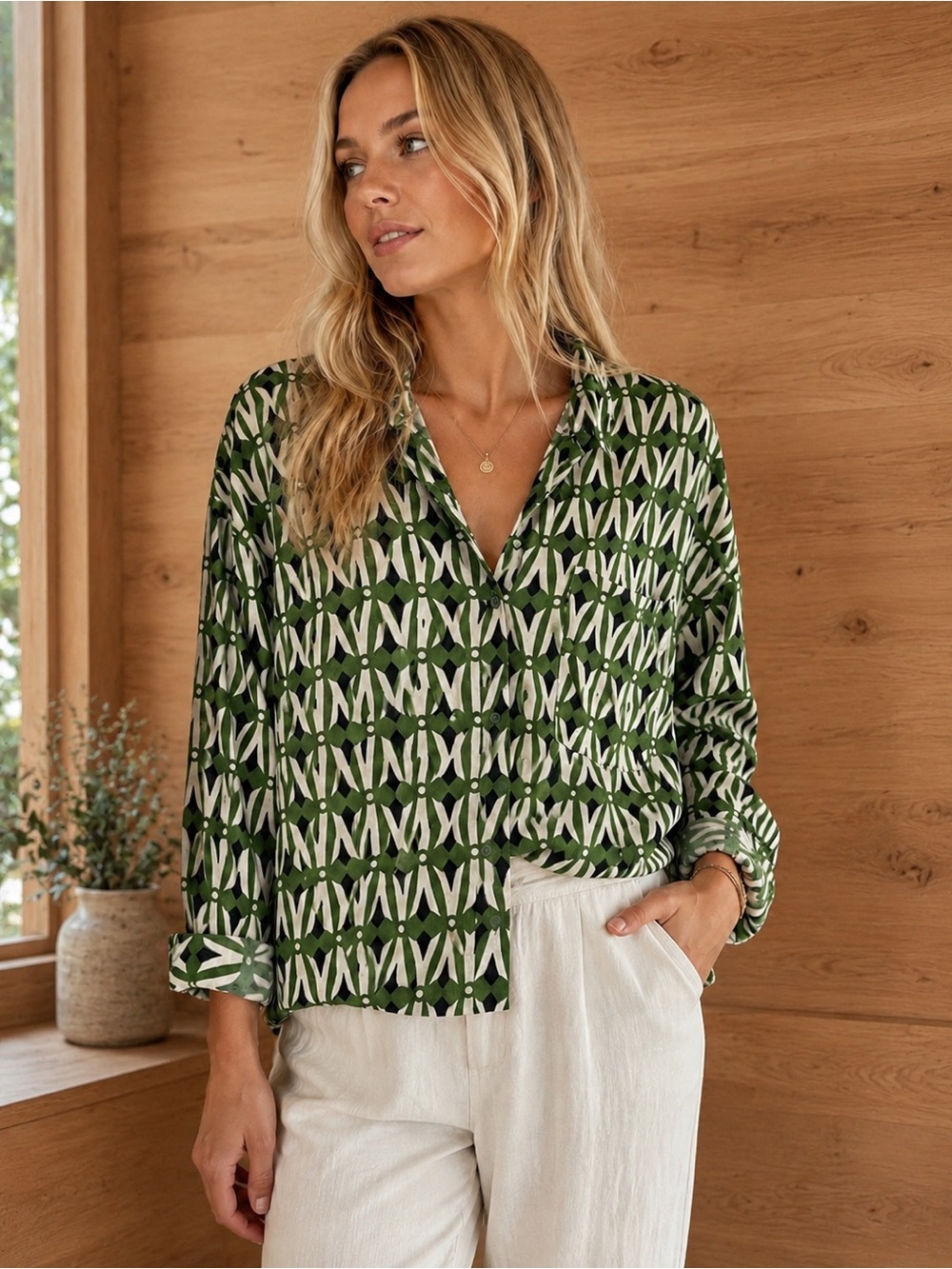 Zara Retro Geometric Print Green Button Down Shirt